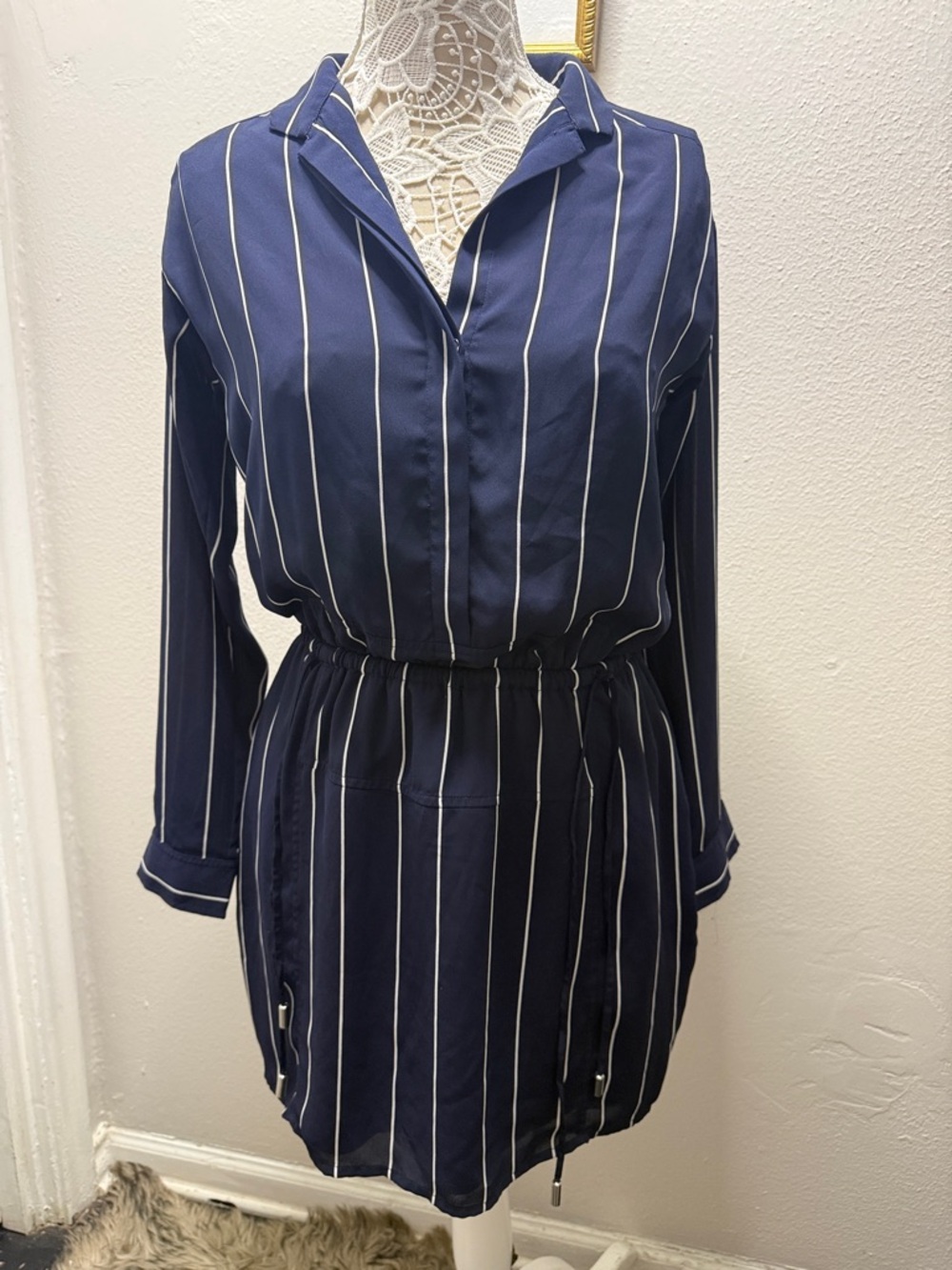 Banana Republic Navy and White Vertical Stripe Midi Shirt Dress